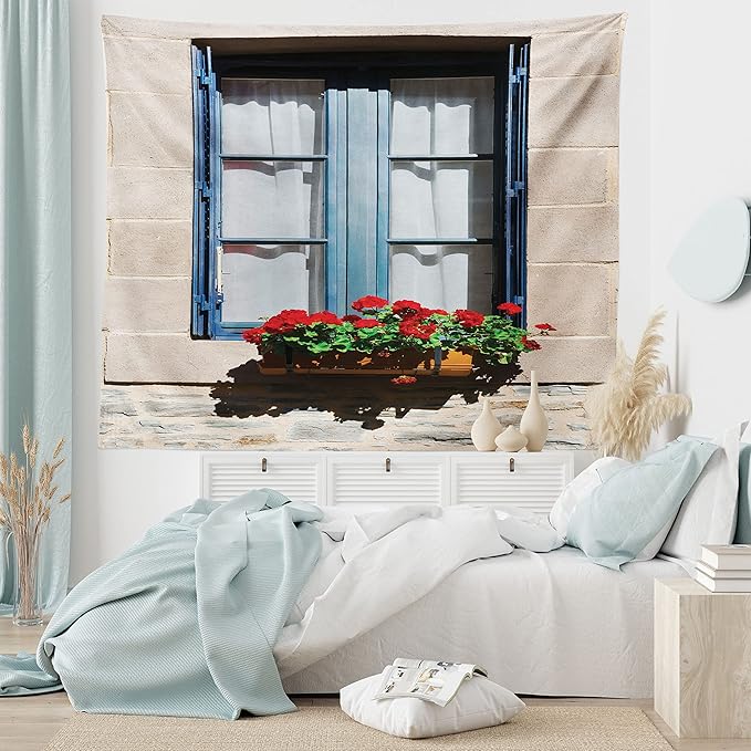 Ambesonne Country Tapestry, Mediterranean Style Window Open Shutters Image French Urban Life Theme Print, Fabric Wall Hanging Decor for Bedroom Living Room Dorm, 30" X 45", Blue Grey
