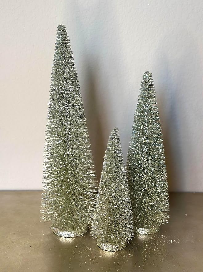 RAZ Imports Set of 3 Bottle Brush Trees – 17”, 14”, 9” Modern Christmas Holiday Winter Décor – Glittery Tabletop Mini Trees for Home Office Shelf Desk Mantel Fireplace Decoration (Champagne Green)