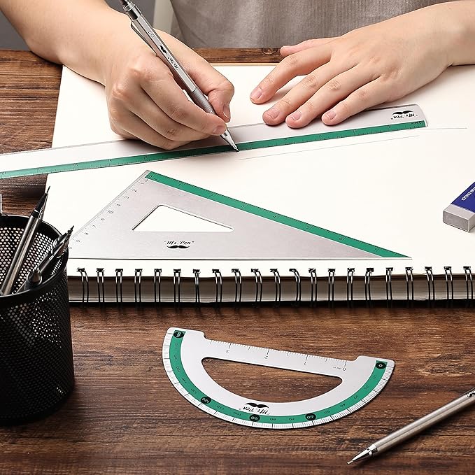 Mr. Pen- Geometry Set, Green Stripes, 4 Pack, Metal Geometry Kit, Triangle Ruler, Metal Ruler, Drafting Triangles, Metal Protractor, Metal Set Square, Drafting Ruler, Drafting Set