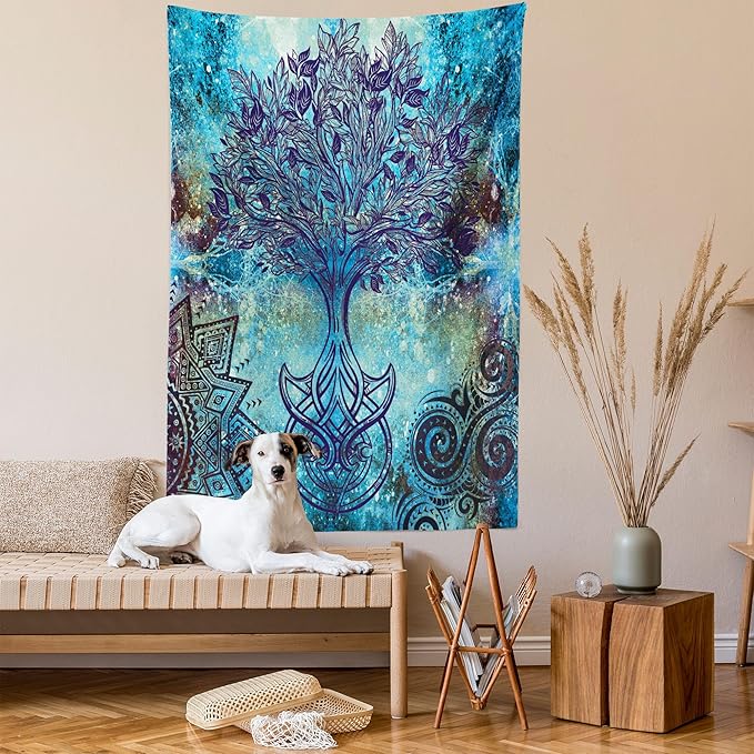 Ambesonne Ethnic Tapestry, Grunge Style Tree Pattern Mandala and Spiral Shapes Blurry Art, Wall Hanging for Bedroom Living Room Dorm Decor, 60" X 80", Turquoise Brown