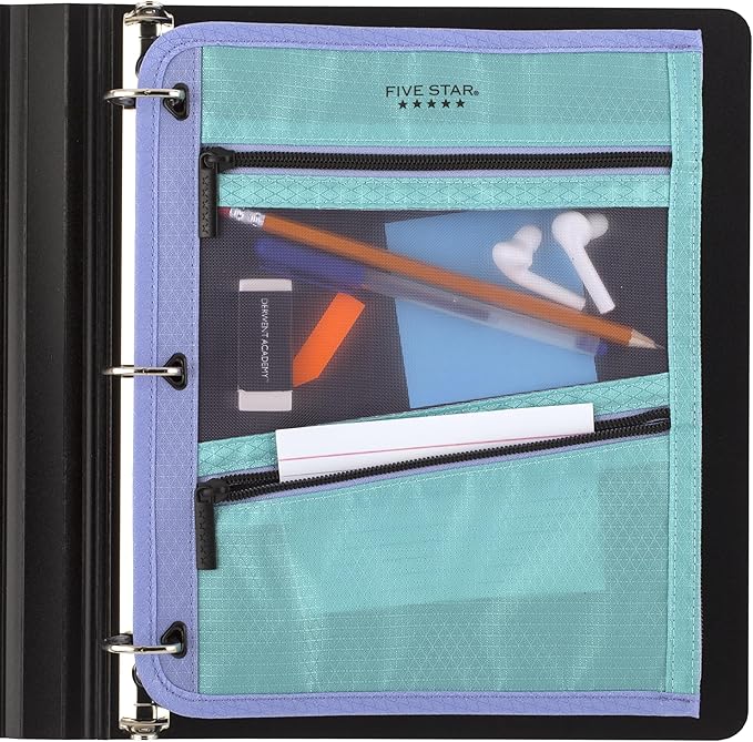 Five Star Pencil Pouch, Pen Case, 3-Pocket Zipper Pouch, Fits 3-Ring Binder, Storage Organizer for Classroom Supplies Earbuds Chargers Cables Makeup, Teal/Berry (500207F-ECM)