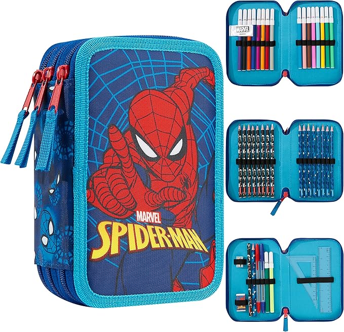 Marvel Boy's Pencil Case, Pencil Case with Compartments Filled School Supplies, Felt, Coloured Pencil, Spiderman Avengers Back to School Gift