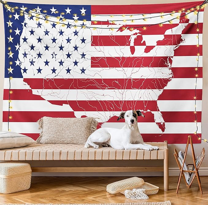 Ambesonne American Flag Tapestry, America Continent Shaped Flag Martial Design International World Glory Print, Fabric Wall Hanging Decor for Bedroom Living Room Dorm, 45" X 30", Indigo Red