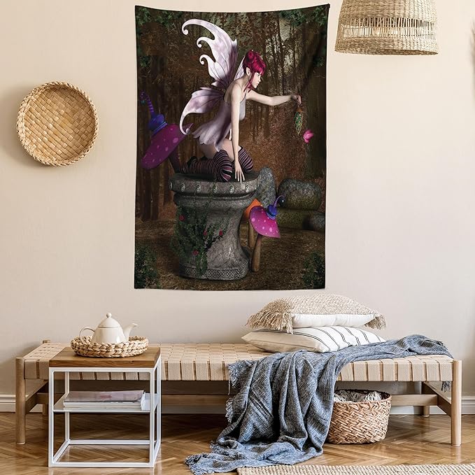 Ambesonne Tale Tapestry Queen Size, Dimensional Mythical Creature Design Artifact on Pedestal Forest Print, Wall Hanging Bedspread Bed Cover Wall Decor, 88" X 88", Red Purple Grey