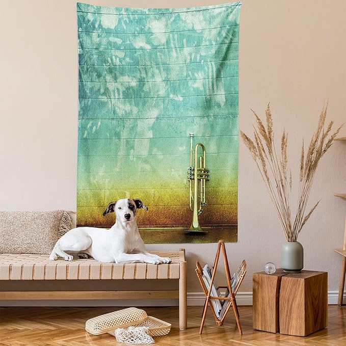 Ambesonne Music Tapestry Twin Size, Old Aged Worn Single Trumpet Stands Alone Against a Faded Wall Jazz Theme Photo, Wall Hanging Bedspread Bed Cover Wall Decor, 68" X 88", Teal Brown