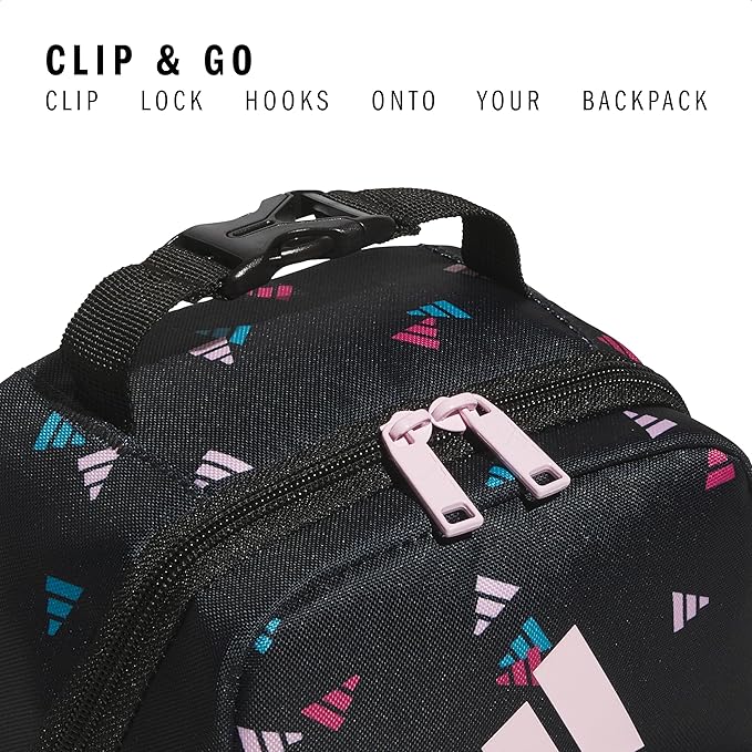 adidas Santiago Lunch Bag Cooler for Women and Men, Insulated Food Container Box with Mesh Pocket, 3 Bar Toss Black-Clear Pink/Black/Clear Pink/3.0, One Size