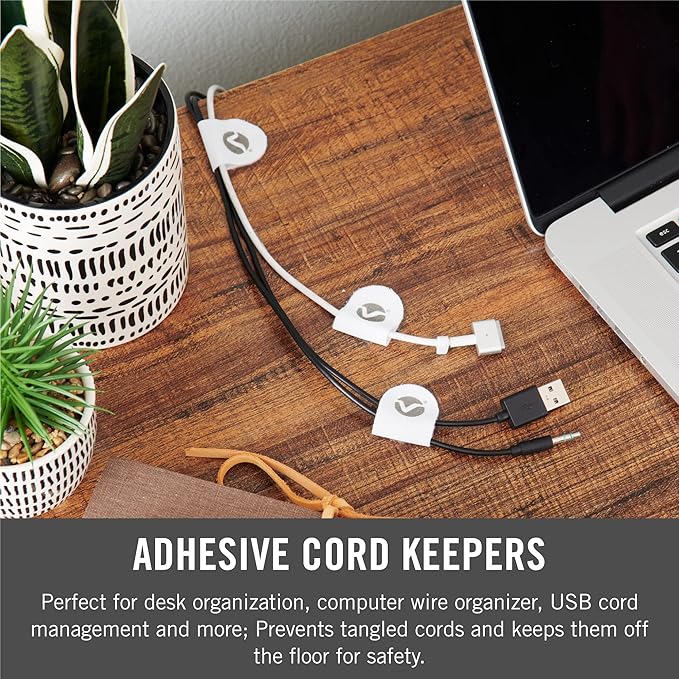 VELCRO Brand Cord Keepers | Charging Cord Organizer, Cord Holder for Nightstand, Desk | Removable Adhesive Backing | Soft Nylon Cable Clips | 5pk, White