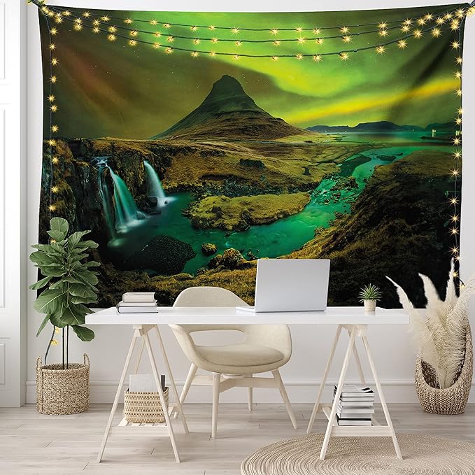 Ambesonne Aurora Borealis Tapestry, Pale Weather over the Hills Waterfall Creek Nature Landscape, Fabric Wall Hanging Decor for Bedroom Living Room Dorm, 45" X 30", Olive Green