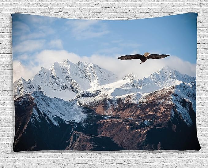 Ambesonne Mountain Tapestry, Frozen Peaks Tops of the Mountain with a Flying Eagle Free in Nature Photo, Wide Wall Hanging for Bedroom Living Room Dorm, 80" X 60", Brown White Blue