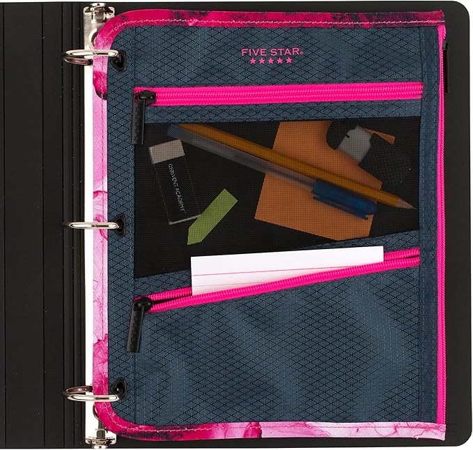Five Star Pencil Pouch, Pen Case, 3-Pocket Zipper Pouch, Fits 3-Ring Binder, Storage Organizer for Classroom Supplies Earbuds Chargers Cables Makeup, Navy/Pink (506420B-ECM)