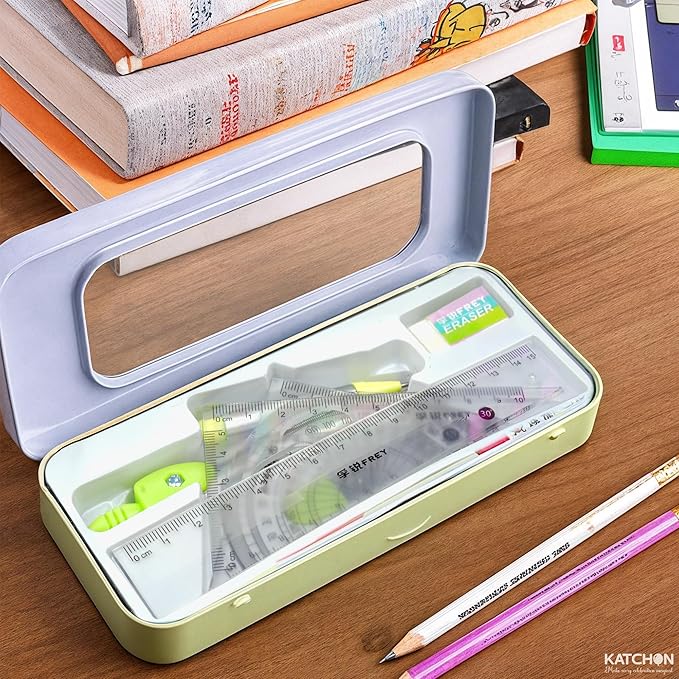 KatchOn, Geometry Set for Students - 8 Pieces | Metal Compass, Protractor, Eraser, Triangle Ruler, Lead Refills and Metal Box | Protractor and Compass Set | Back to School Supplies | Class Supplies