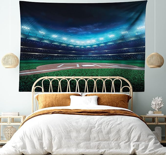 Ambesonne Baseball Tapestry, Professional Baseball Field at Night Vibrant Playground Stadium League Theme Print, Fabric Wall Hanging Decor for Bedroom Living Room Dorm, 45" X 30", Navy Green