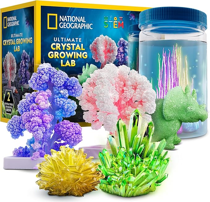 National Geographic Ultimate Crystal Growing Kit – Grow 5 Types of Crystals Including Glow in The Dark, Dinosaur Figure, Underwater Crystals & Crystal Trees with Learning Guide, STEM Science Kit