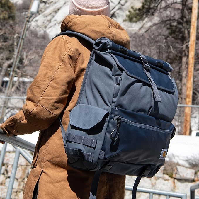 Carhartt 40L Nylon Roll Top Backpack, Heavy-Duty Water-Resistant Material W/ 17" Laptop Sleeve, Bluestone