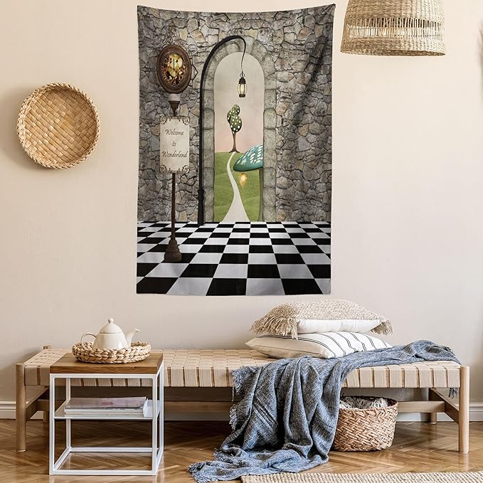 Ambesonne Alice in Wonderland Tapestry, Welcome Wonderland Black and White Floor Landscape Mushroom Lantern, Wall Hanging for Bedroom Living Room Dorm, 60" X 80", Stone Black