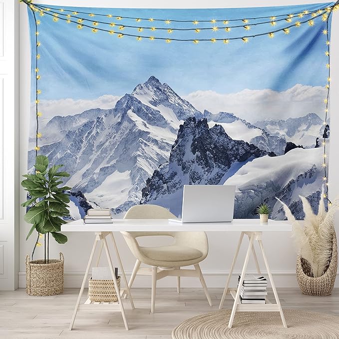Ambesonne Winter Tapestry, Snowy Rocky Mountain Peaks Tops Scene High Lands ICY Frozen Swiss Outdoor Art, Fabric Wall Hanging Decor for Bedroom Living Room Dorm, 45" X 30", Blue and White