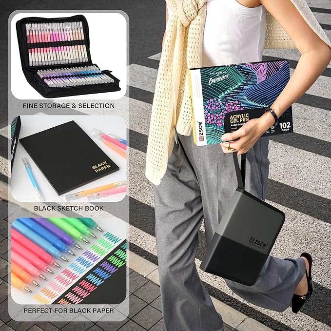 100 Colors 3D Acrylic Gel Pens & Black Paper Sketchbook for Drawing, 1mm Fine Point Acrylic Ink Pen, Opaque Archival Ink Pens for Black Paper Drawing, Sketching, Illustration, Card Making