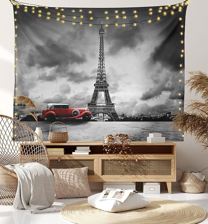 Ambesonne Eiffel Tower Tapestry, Image of Eiffel Tower Paris France Vintage Car Street Dark Clouds, Fabric Wall Hanging Decor for Bedroom Living Room Dorm, 45" X 30", Black Red