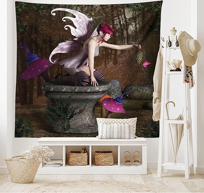 Ambesonne Tale Tapestry King Size, Dimensional Mythical Creature Design Artifact on Pedestal Forest Print, Wall Hanging Bedspread Bed Cover Wall Decor, 104" X 88", Red Purple Grey