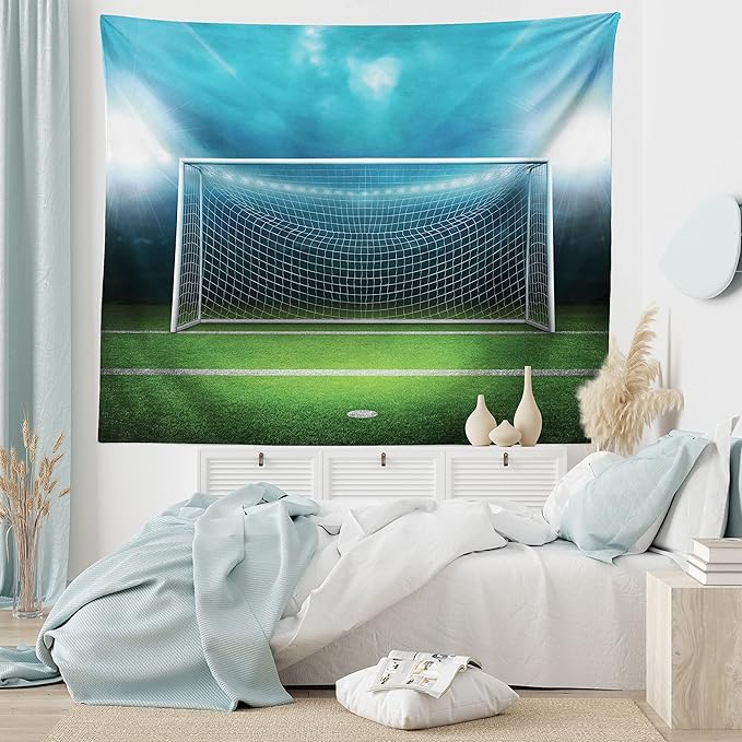 Ambesonne Soccer Tapestry King Size, Soccer Goal Post Sports Area Winner Loser Line Floodlit Best Team Finals Game Theme, Wall Hanging Bedspread Bed Cover Wall Decor, King Size, Green and Blue