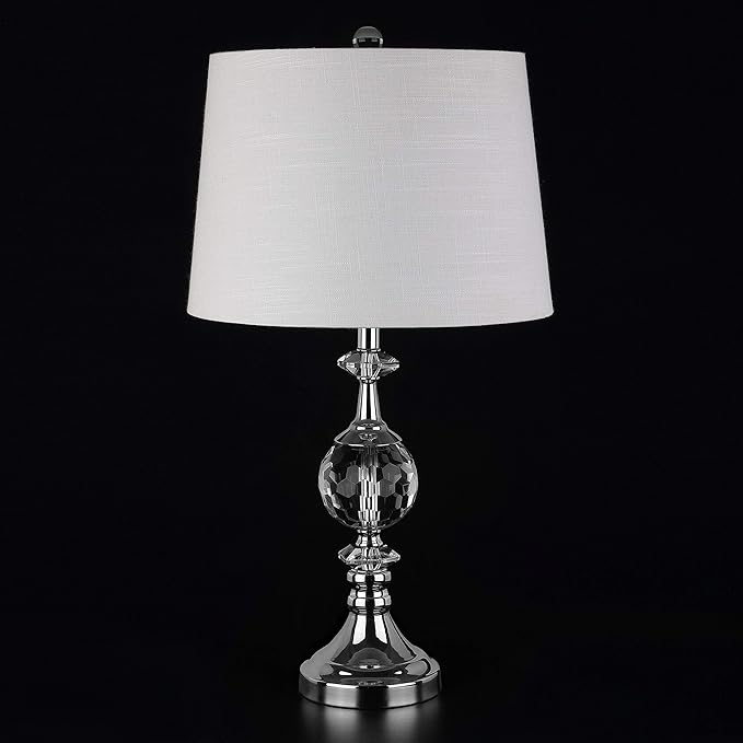 JONATHAN Y 25.5" Clear Crystal and Chrome Table Lamp, Glam Faceted Sphere Bedside Lamp with White Linen Drum Shade for Living Room, Bedroom, LED Bulb Included, UL Listed JYL5036A