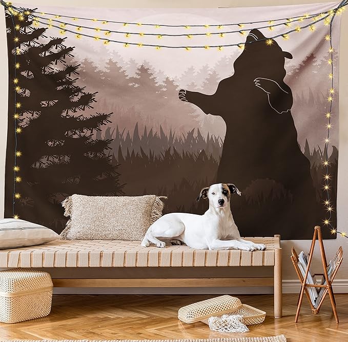 Ambesonne Nature Tapestry, Silhouette of Wild Bear in the Jungle Woodland at Dark Night Illustration, Fabric Wall Hanging Decor for Bedroom Living Room Dorm, 28" X 23", Army Green Pale Peach