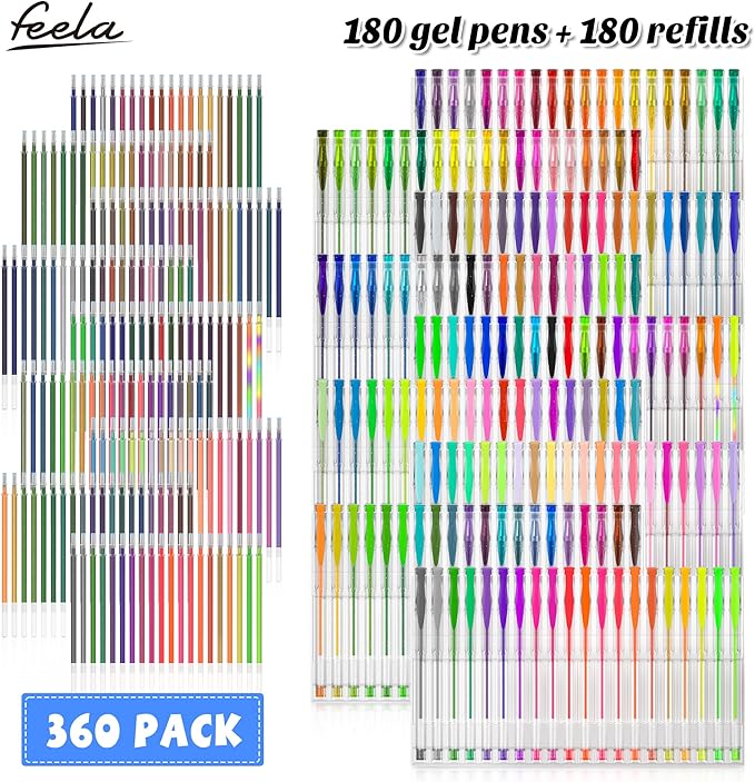 feela 360 Colors Gel Pens Set 180 Unique Gel Pen Plus 180 Refills for Adult Coloring Books Drawing