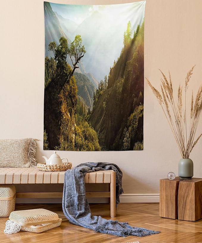 Ambesonne Landscape Tapestry, Forest Nepal Himalaya Mountains Sunlight Majestic Scenery Nature Photo, Fabric Wall Hanging Decor for Bedroom Living Room Dorm, 30" X 45", Green Pale Yellow