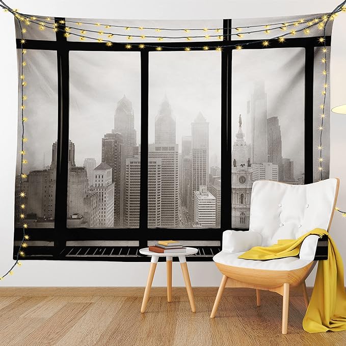 Ambesonne City Tapestry Twin Size, Philadelphia City Rooftop View Through Window Skyline Landmark Rooftop Travel, Wall Hanging Bedspread Bed Cover Wall Decor, 68" X 88", Grey Black