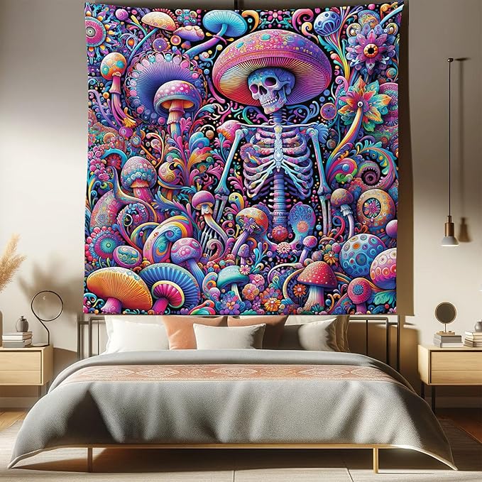 Ambesonne Trippy Tapestry Queen Size, Rave Tone Psychedelic Skeleton Mushroom Huddles Psychedelic Jungle, Wall Hanging Bedspread Bed Cover Wall Decor, 88" X 88", Magenta Indigo Multicolor