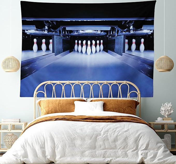 Ambesonne Bowling Party Tapestry, Symmetrical Bowling Pins on an Empty Alley Hobby Fun Challenge Theme, Fabric Wall Hanging Decor for Bedroom Living Room Dorm, 30" X 45", Blue White Red