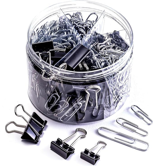 Officemate 340 Assorted Paper Clips and Binder Clips, Re-usable Storage Tub, Silver/Black (31040)