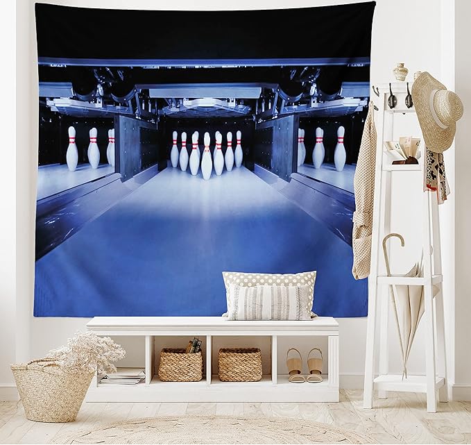 Ambesonne Bowling Party Tapestry, Symmetrical Bowling Pins on an Empty Alley Hobby Fun Challenge Theme, Fabric Wall Hanging Decor for Bedroom Living Room Dorm, 30" X 45", Blue White Red