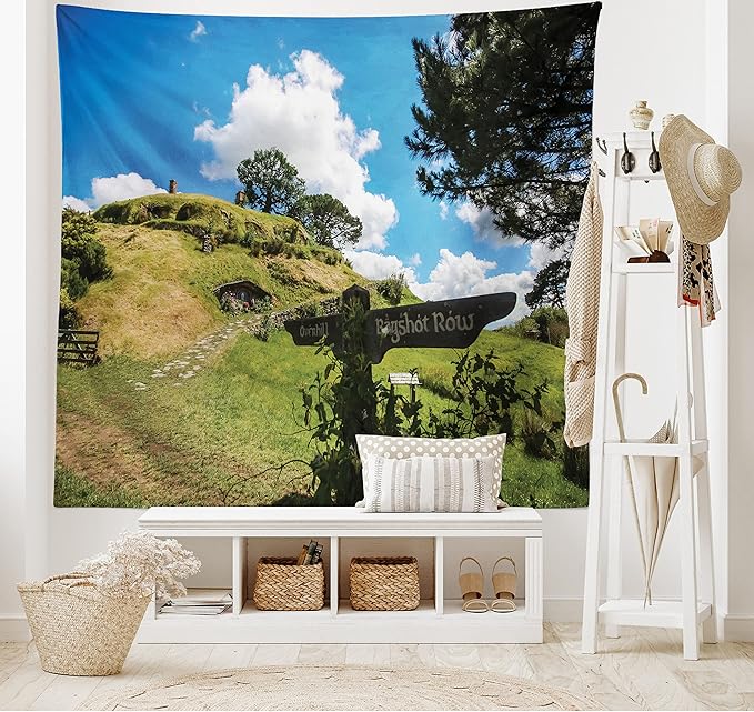 Ambesonne Hobbits Tapestry, Overhill Hobbit Village in Matamata New Zealand Fantasy Scene House Image Print, Fabric Wall Hanging Decor for Bedroom Living Room Dorm, 28" X 23", Green Blue