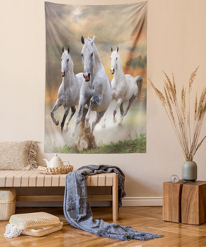 Ambesonne Horses Tapestry, Stallion Horses Running on a Mystic Sky Background Male Champions Print, Wall Hanging for Bedroom Living Room Dorm Decor, 40" X 60", White Orange