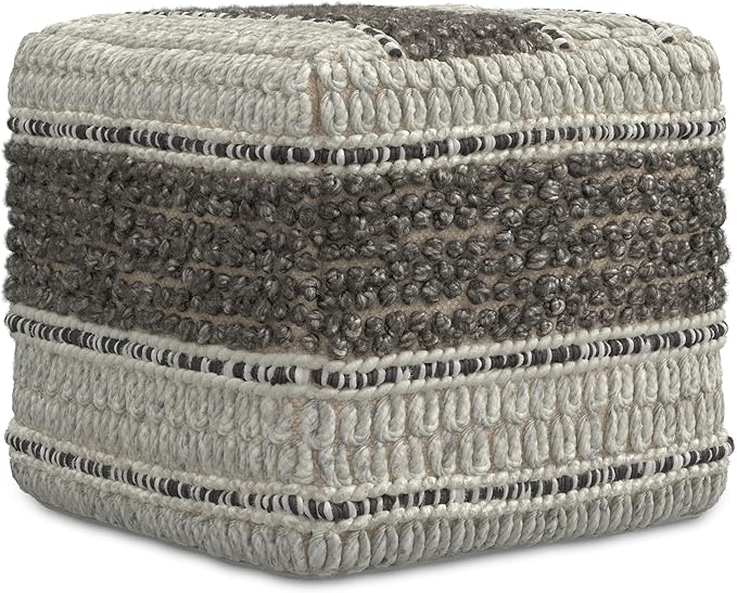 SIMPLIHOME Grady Square Pouf - 18 inch Wide Wool and Cotton Handloom Woven Ottoman in Earth Tone Brown, Contemporary Footstool or Extra Seating for Living Room with Polystyrene Bead Filling, Assembled
