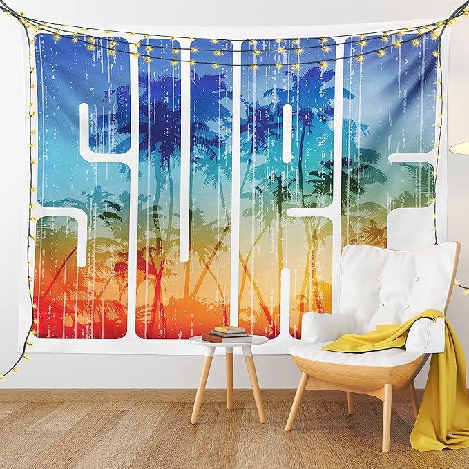 Ambesonne Surf Tapestry Twin Size, Summer Theme Retro Letters That Reflect the Seacoast Palm Tree Extreme Sports Art, Wall Hanging Bedspread Bed Cover Wall Decor, 68" X 88", Navy Orange