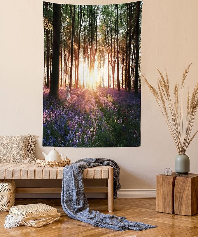 Ambesonne Forest Tapestry Queen Size, Bluebell Woods Sunrise with White Rabbit Sunny Spring Day in Woodland, Wall Hanging Bedspread Bed Cover Wall Decor, 88" X 88", Purple Green