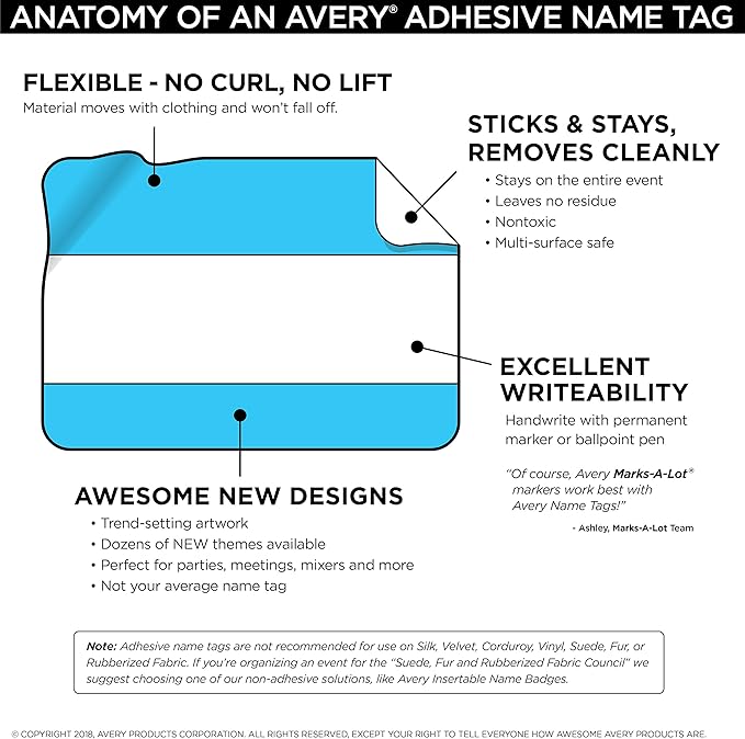Avery Premium Name Tags, Hello, Blue and Red, No Lift No Curl, 36 Handwriteable Name Stickers