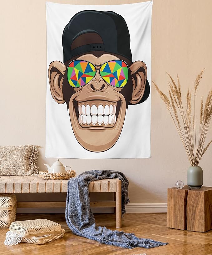 Ambesonne Cartoon Tapestry Queen Size, Fun Hipster Monkey with Colorful Sunglasses and Hat Rapper Hippie Ape Art, Wall Hanging Bedspread Bed Cover Wall Decor, 88" X 88", White Brown