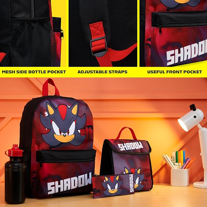 Sonic The Hedgehog Backpack Set 4 Pcs with Insulated Lunch Bag Water Bottle Pencil Case Shadow School Supplies Gift for Kids (Shadow 4 Pcs Set)
