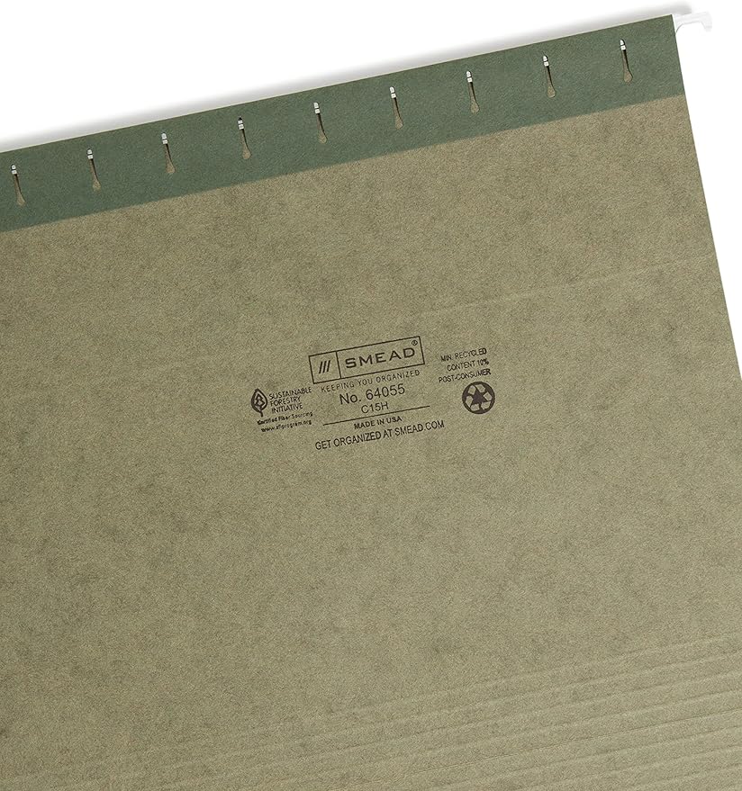 Smead Hanging File Folder with Tab, 1/5-Cut Adjustable Tab, Letter Size, Standard Green (64055), (Pack of 10, 250 Count Total)