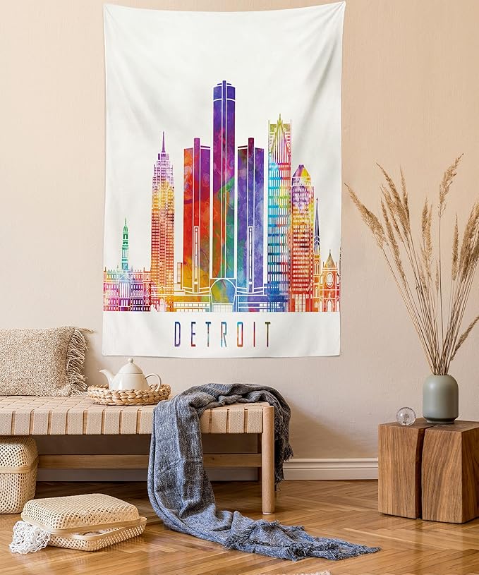 Ambesonne Detroit Tapestry Twin Size, Vibrant Colored Abstract Skyscrapers Modern Architecture Watercolor Style Landmarks, Wall Hanging Bedspread Bed Cover Wall Decor, 68" X 88", Ivory