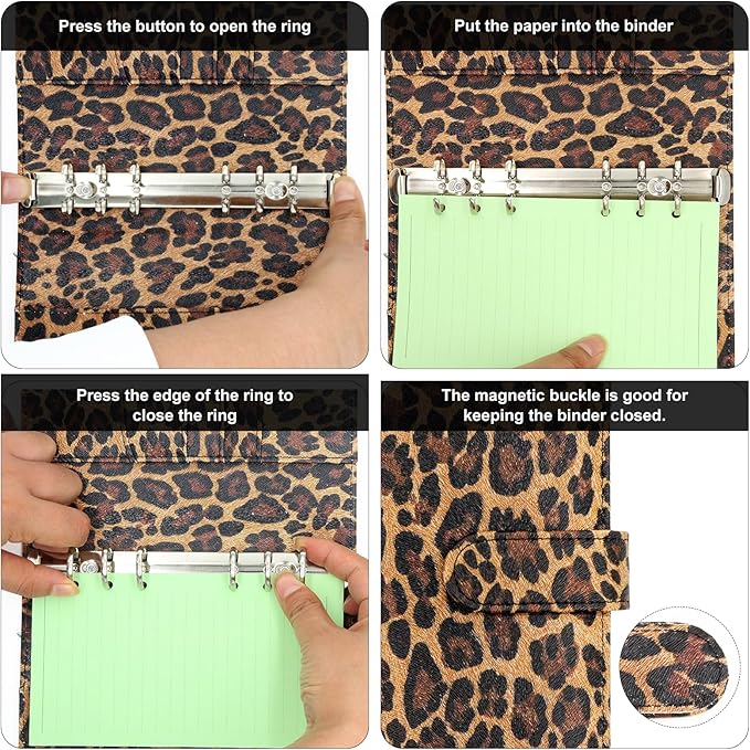 A5 Refillable 6 Ring Faux Leather Budget Binder,Mini Notebook Binder Cover for A5 Filler Paper,Loose Leaf Personal Planner Cover with Magnetic Buckle Closure(Leopard)