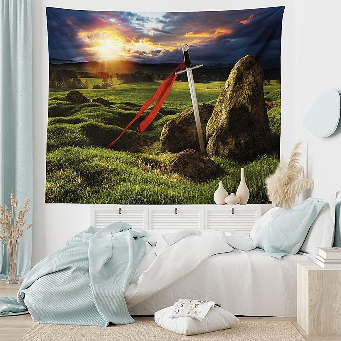Ambesonne King Tapestry King Size, Arthur Camelot Myth in England Ireland Fields Invincible Myth Image, Wall Hanging Bedspread Bed Cover Wall Decor, 104" X 88", Green Blue Red