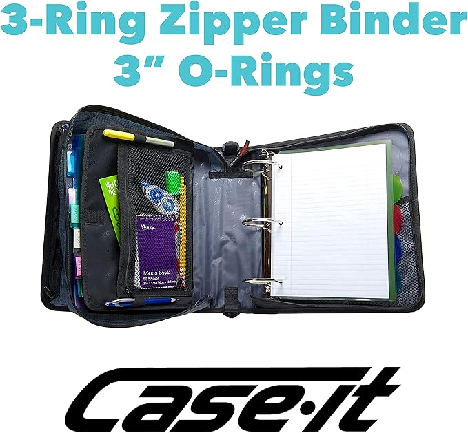 Case-it Mighty Zip Tab School Zipper Binder | 3-Inch O-Rings, 600-Sheet Capacity, 5-Subject Expanding File Folder, Multiple Pockets & Storage Organizer, Shoulder Strap | D-146 Purple