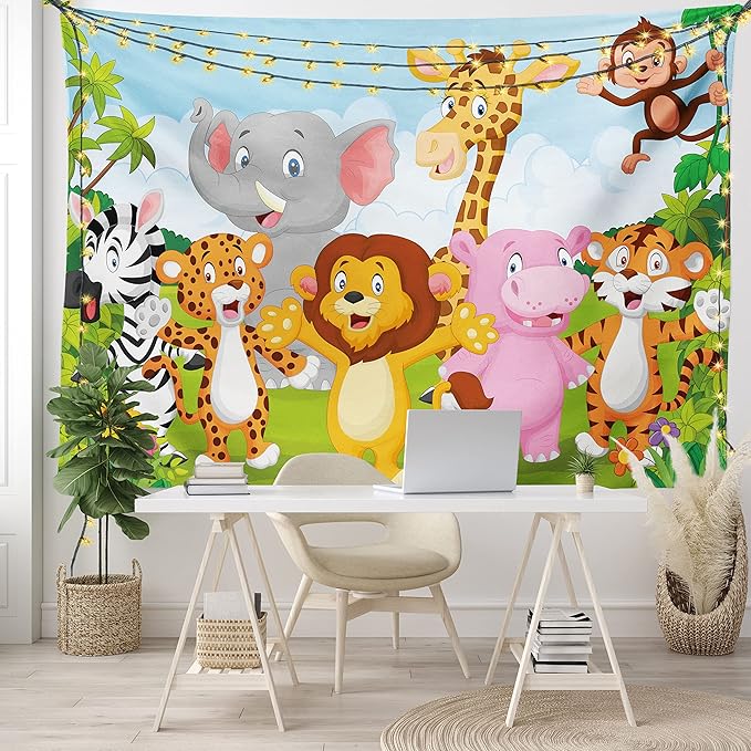 Ambesonne Cartoon Tapestry, Comic Savannah Animals Playful Friendly Savannah Jungle Happy Wildlife Nature, Fabric Wall Hanging Decor for Bedroom Living Room Dorm, 28" X 23", Green Brown