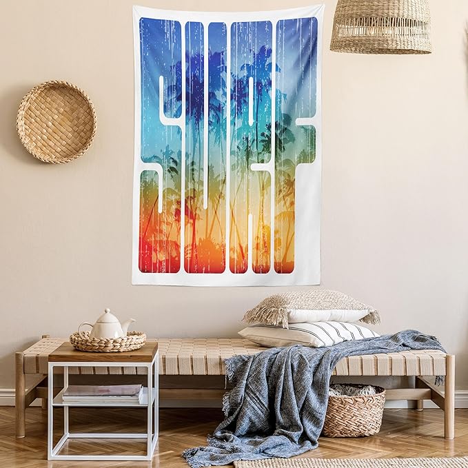 Ambesonne Surf Tapestry Queen Size, Summer Theme Retro Letters That Reflect the Seacoast Palm Tree Extreme Sports Art, Wall Hanging Bedspread Bed Cover Wall Decor, 88" X 88", Navy Orange