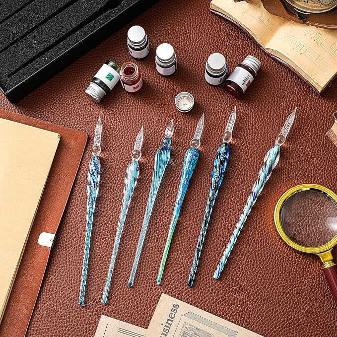 Zonon 6 Pieces Handmade Glass Dip, Crystal Glass Signature Calligraphy Vintage Dip Ink Pen Borosilicate Present Pen for Writing Drawing Decoration(Blue Green Color,Classic Style)