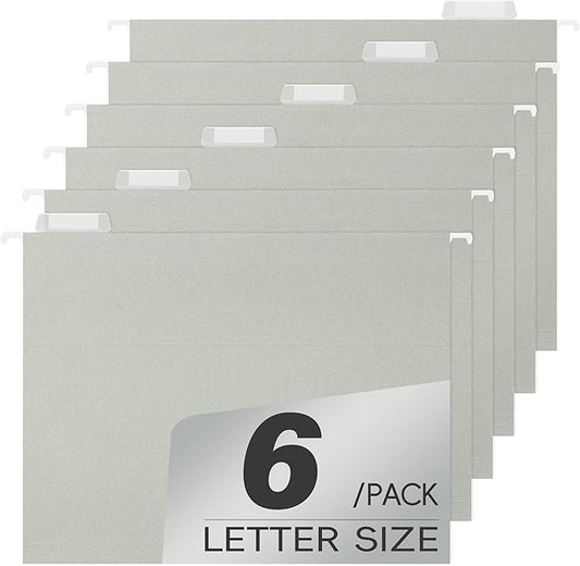 6 Pack Gray Hanging File Folders,Reinforced Hang Folders Letter Size,Adjustable 1/5-Cut Tabs,Designed for Bulky Files,Filing Cabinet